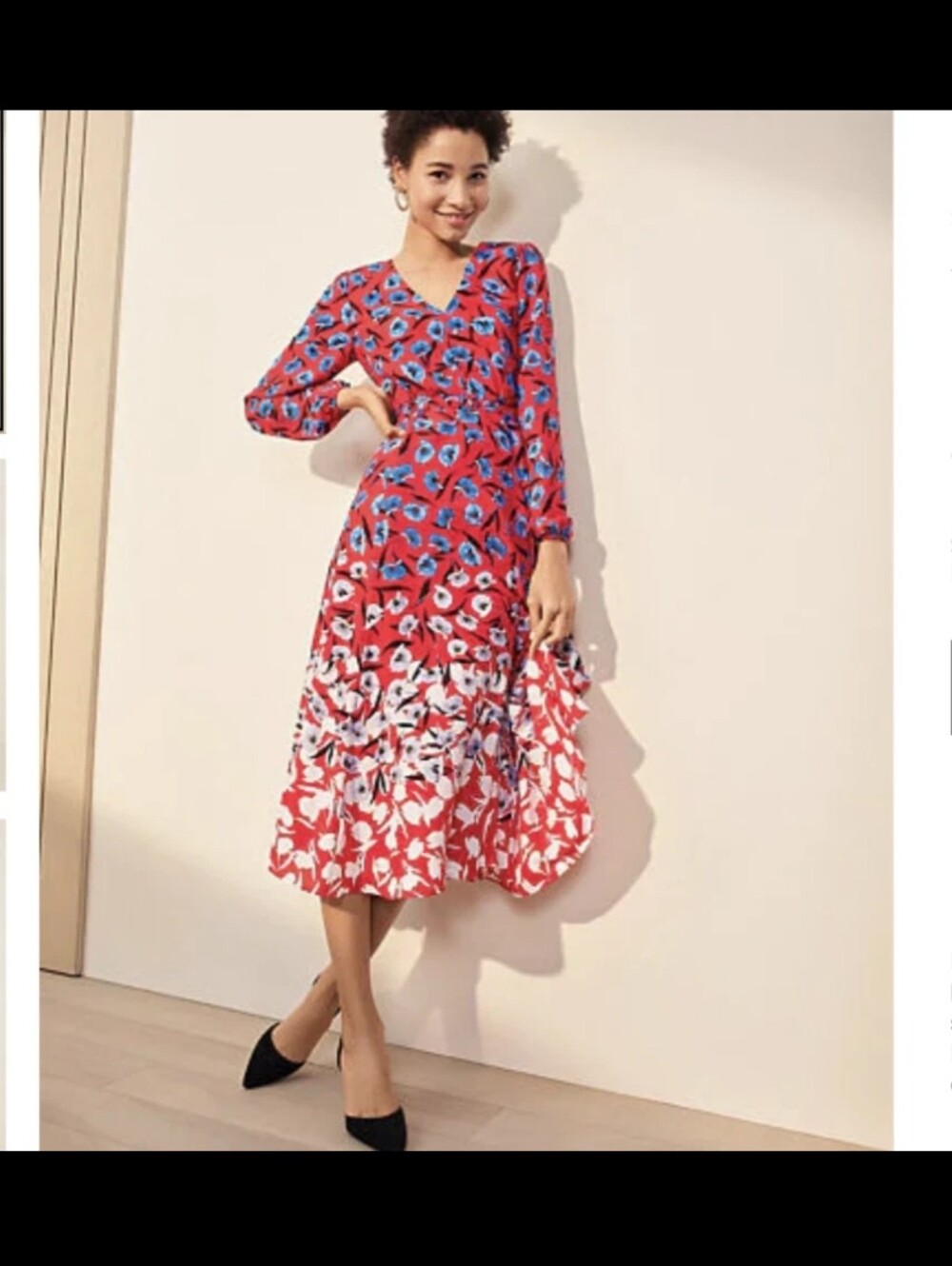 Ann Taylor Red Floral V-Neck Midi Dress with Blue Accents